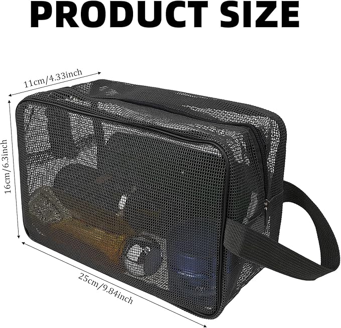 cobee Mesh Shower Bag, Portable Mesh Shower Caddy, Quick Dry Tote Bag with Zipper, Toiletry Organizer Bag for Gym Travel Camping Swimming Beach(Black)