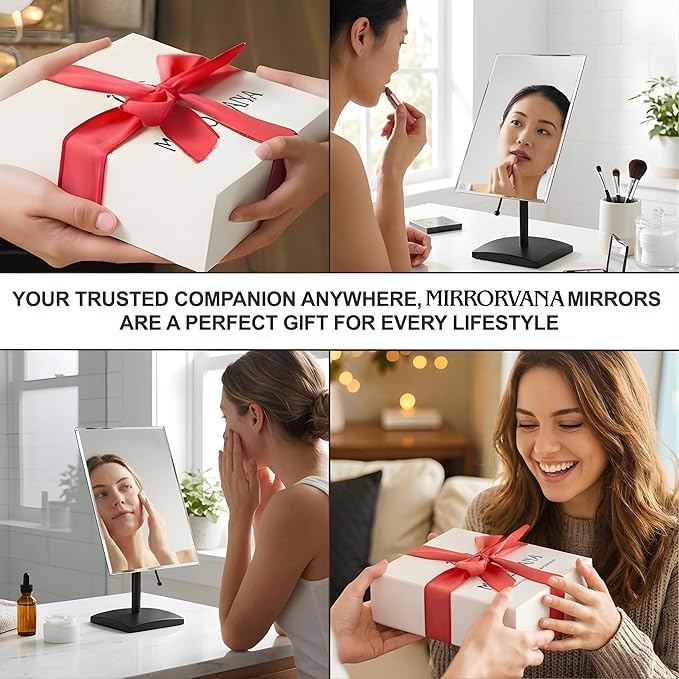 MIRRORVANA Large Table Desk Mirror with Stand for Office Desktop, Makeup Vanity and Bathroom Countertop - Personal Adjustable Face Mirror - 9.8" x 7" (Black)