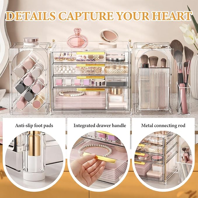 4-Tier Drawer Makeup Organizer, 3-in-1 Free Combination Cosmetic Storage with Lipstick Holder & Brush Rack, Skincare Organizer with Mini Tray for Vanity Bathroom Bedroom Dorm