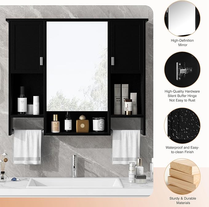 Merax Medicine Cabinet for Bathroom, Wall Mount Bathroom Cabinet with Mirror, Open Shelf, and Towel Bar, 35" W x 28.7" H Over The Toilet Mirrored Bathroom Wall Cabinet