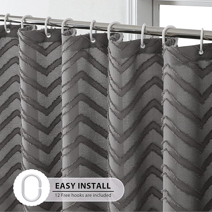 OVZME Boho Grey Bathroom Shower Curtain 78 Inches Long, Modern Farmhouse Boho Style Fabric Tufted Chevron Striped Texture Washable Shower Curtain for Bathroom, 72Wx78L Inches