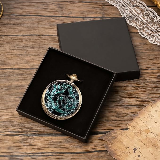 ManChDa Scrying Mirror Black Obsidian Mirror Lucky Dragon & Phoenix Pocket Watch Shell Witchcraft Kit Wiccan Supplies and Tools Witchy Gifts, Bronze Blue