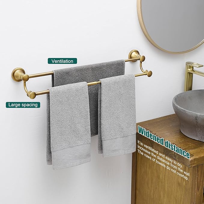 Hoimpro Adjustable Retractable 15-27 Inches Stainless Steel Bathroom Towel Bar, Bathroom Accessories Bath Hotel Double Towel Bar Rod Hanger Wall Mounted Towel Holder Towel Rack, Antique Brass