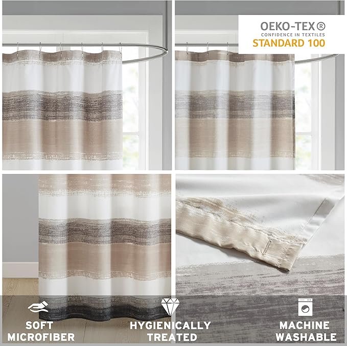 Madison Park Essentials Shower Curtain, Watercolor Print Multi Taupe Shower Curtain for Bath Room, Modern Bathroom Décor, Machine Washable, Microfiber Fabric Shower Curtain, Saben, 72x72 Taupe/Black