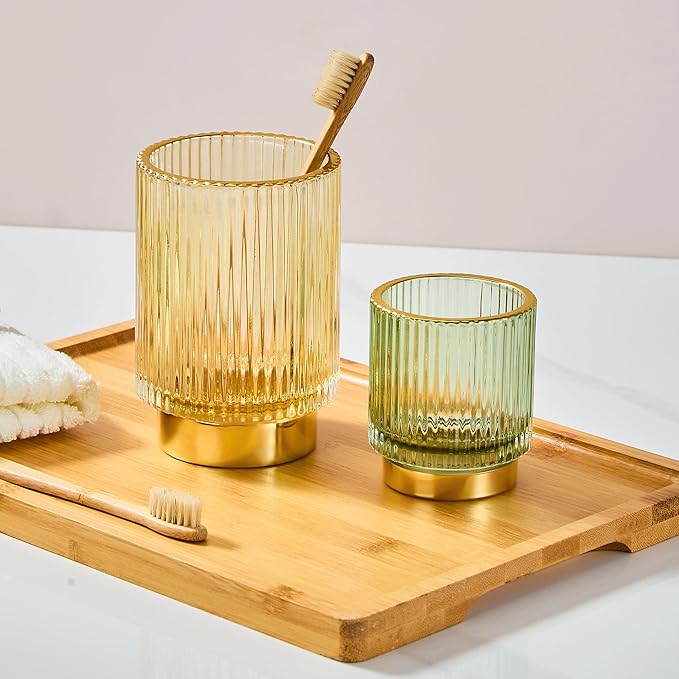 Makeup Brush Holder Organizer,Toothbrush Holders,Desk Pen Pencil Holder,Multifunctional Vintage Glass Brush Cup（L/Gold/A3-7-US）