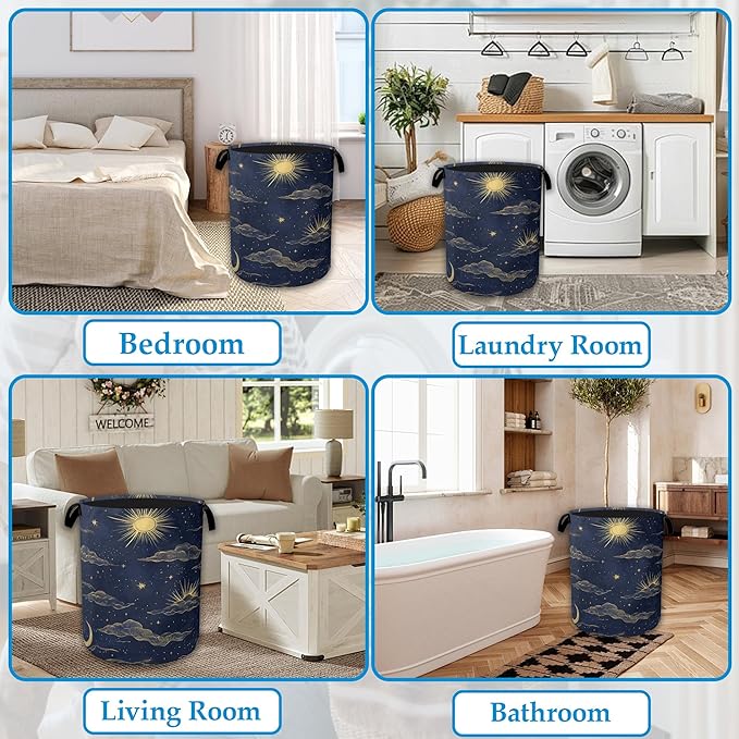 Sun Moon Laundry Basket Collapsible Laundry Hamper Clothes Toy Storage Bin for Bathroom Bedroom Room Decor 16" X 20.8"