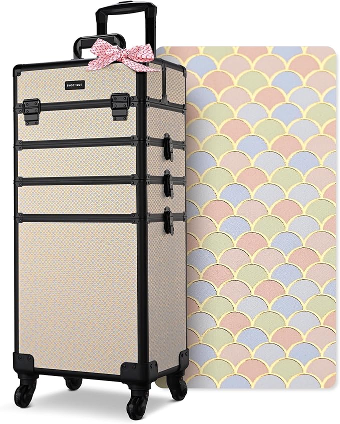 BYOOTIQUE 4in1 Rolling Makeup Train Case Cosmetology Case on Wheels,Large Capacity Easy Access Cosmetic Organizer for Makeup Artist Hairstylist,Art Deco Pastel