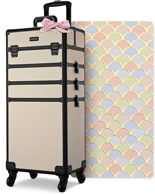 BYOOTIQUE 4in1 Rolling Makeup Train Case Cosmetology Case on Wheels,Large Capacity Easy Access Cosmetic Organizer for Makeup Artist Hairstylist,Art Deco Pastel