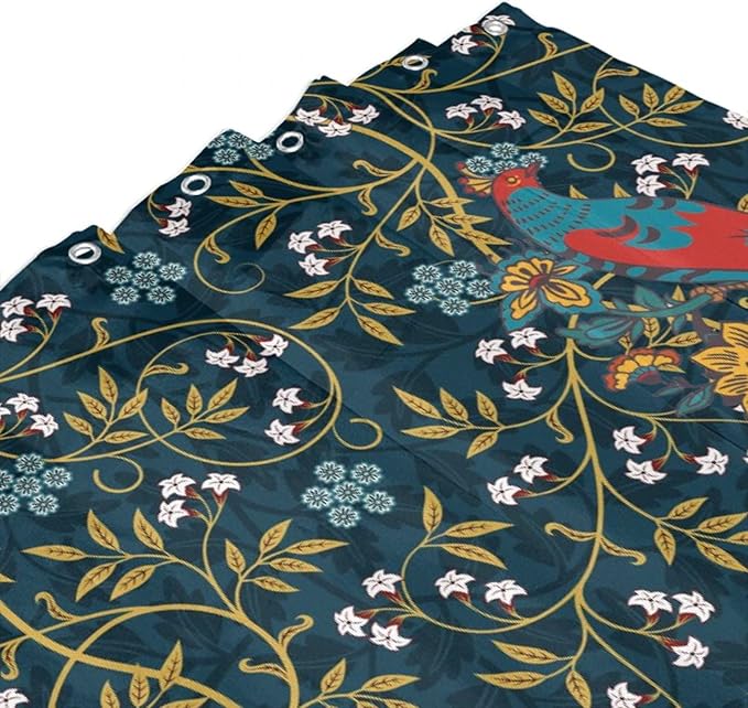 Rustic William Morris Art Print Waterproof Fabric Shower Curtain,Vintage Mid Century Boho Floral Bird Soft Hotel Quality Cloth Shower Light-Weight & Machine Washable - 84L x72W