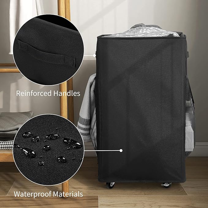 Chrislley 90L Rolling Laundry Basket Large Laundry Hamper with Wheels Collapsible Clothes Hamper Rolling Tall Laundry Storage Cart Foldable Clothes Organizer (Black)