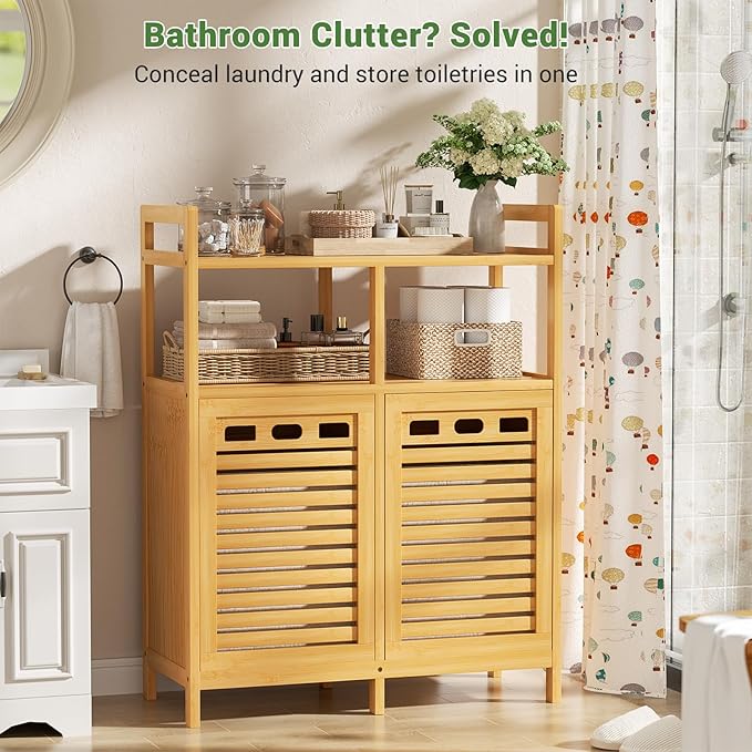 Homykic Tilt Out Laundry Hamper Cabinet, Bamboo Double Laundry Hamper with 2 Removable Laundry Baskets, 20 Gal Laundry Sorter Organizer with Shelf for Dirty Clothes, Bathroom, Laundry Room, Natural