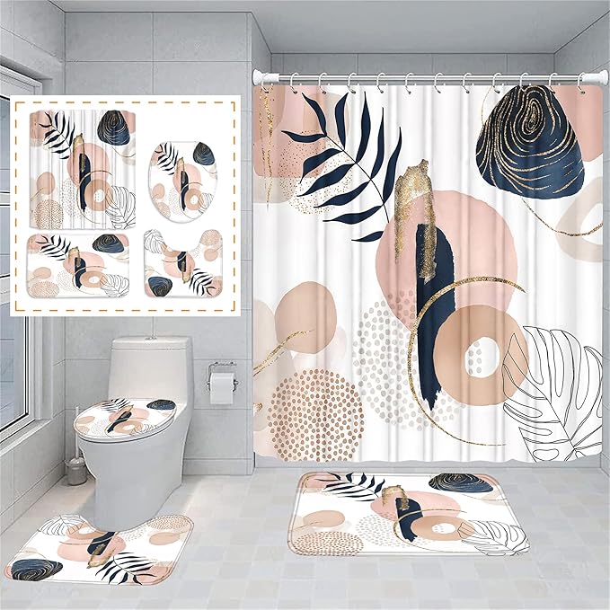 FZDHHY 4PCS Boho Cute Shower Curtains Set Modern Abstract Bathroom Set with Rugs, Minimalist Bathroom Decor Accessories Waterproof for Bathroom with Mat