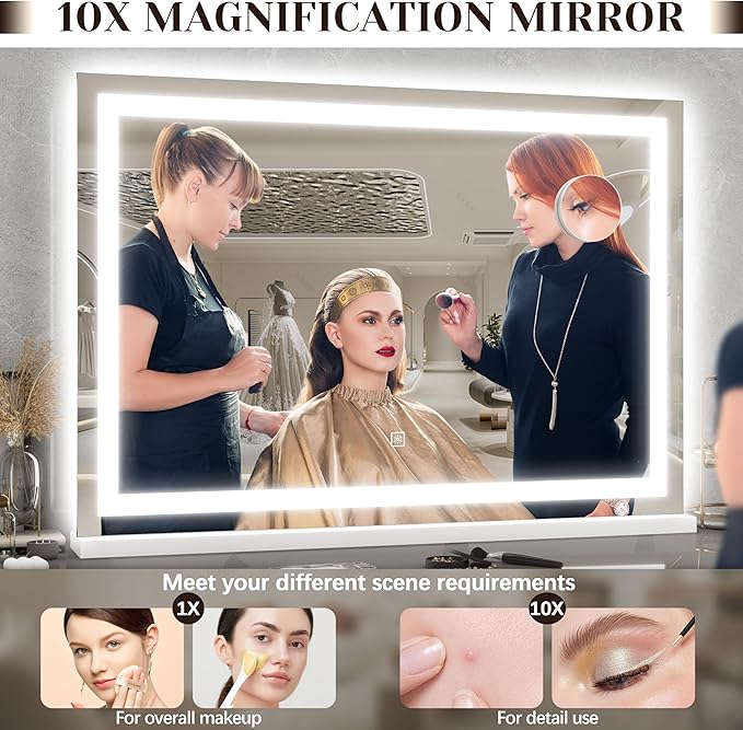 ROLOVE 31" x 22" Large Lighted Vanity Mirror with Lights, Dimmable 3 Modes, LED Makeup Mirror for Bathroom ＆ Dressing Room, Tabletop or Wall-Mounted, 10X Magnification, White
