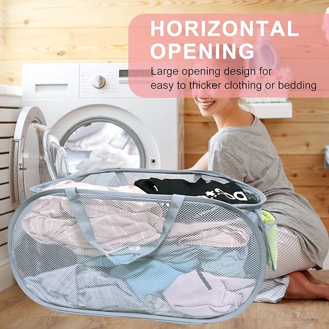 2 PCS Mesh Laundry Hamper,Collapsible Laundry Baskets,75L Large Foldable Dirty Clothes Hamper Storage Basket Horizontal with Side Pocket&carry Handle for Home,Travel grey