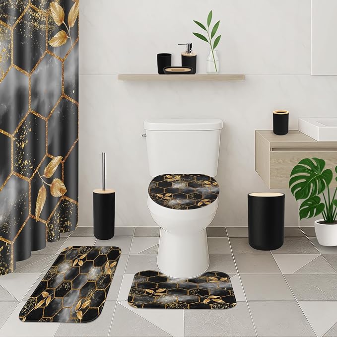 Honeycomb Marble Black Bathroom Decor and Accessories Set, Shower Curtain and Rug Set with Trash Can, Soap Dispenser, Soap Dish, Toothbrush Holder, Toothbrush Cup, Toilet Brush
