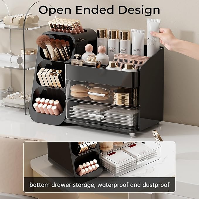 Makeup Organizer for Vanity with Brush Holder, Countertop Skincare Organizer with 2 Drawers, Spacious Cosmetic Display Case for Perfumes, Cologne, Shaving Lotion