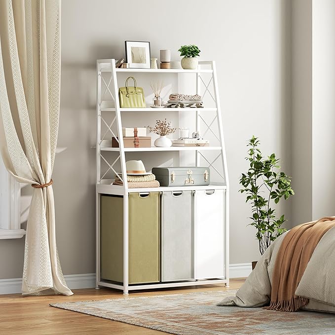 Herture Laundry Basket, 3 Section Laundry Hamper with 4 Tiers Shelf, Pull-Out and Removable Laundry Bags, Large 3 x 15.87 Gallons, 3 Color Bags for Laundry Room Bathroom White PF05XLE