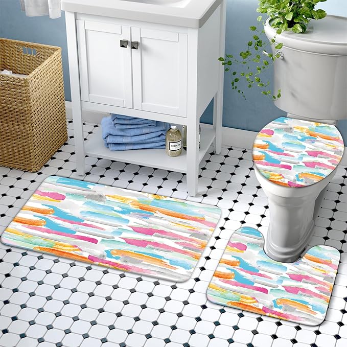 Lnond 4Pcs Abstract Shower Curtain Sets with Rugs, Watercolor Geometric Paint Bathroom Sets with Shower Curtain and Rugs and Accessories