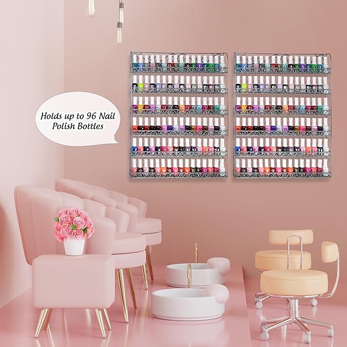 AMT Metal Nail Polish Racks for The Wall | Clear Nail Polish Display | Essential Oils Organizer | Holds up to 108 Bottles (Silver - 2 Pack)