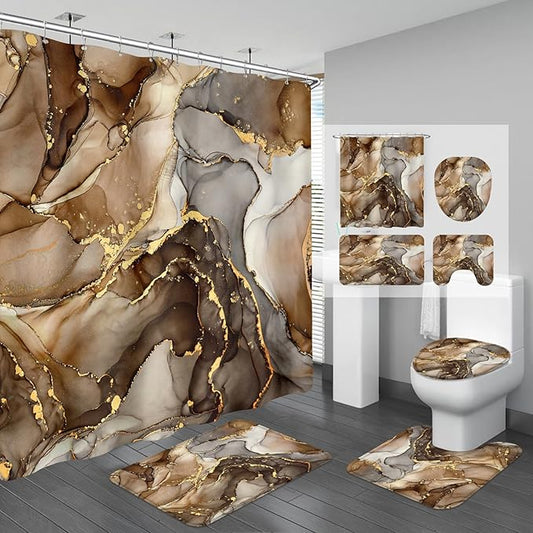 4PCS Brown Marble Bathroom Sets with Shower Curtain and Rugs, Abstract Gold Shower Curtain Sets with Rugs for Bathroom Decor, Bathroom Curtains Shower Set with Toilet Lid Cover Accessories