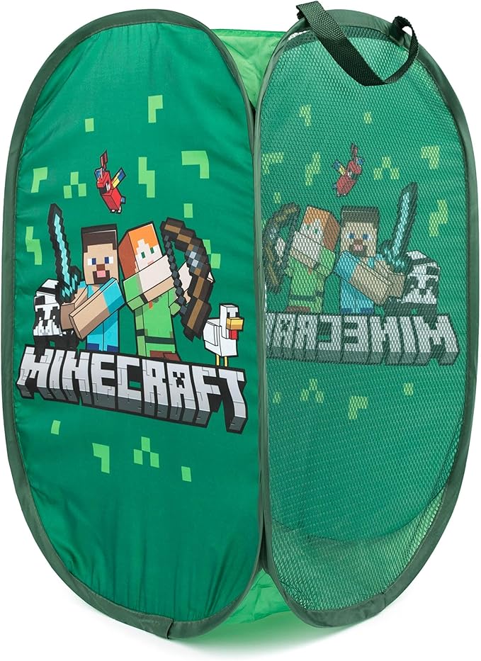 Jay Franco Minecraft Pop Up Laundry Hamper for Boys - Foldable Mesh Dirty Clothes Basket with Durable Handles, Kids Toy Storage Bin for Bedroom, 22" x 14"