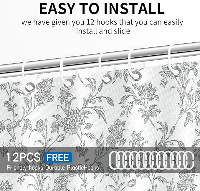 Seorsok Grey Shower Curtain,Sage Cotton Floral Cottagecore,Elegant Floral Fabric Shower Curtain Machine Washable Waterproof Bathroom Decor 60'Wx72'L inches