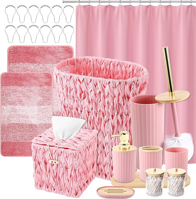 Bathroom Accessories Set, 25PCS Wicker Bathroom Accessory Set with Shower Curtain, Bath Mat, Soap Dispenser, Handwoven Trash Can & Ratten Tissue Box (Pink, Bath Set+Shower Curtain+Rugs)