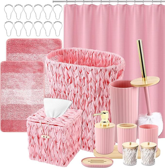 Bathroom Accessories Set, 25PCS Wicker Bathroom Accessory Set with Shower Curtain, Bath Mat, Soap Dispenser, Handwoven Trash Can & Ratten Tissue Box (Pink, Bath Set+Shower Curtain+Rugs)