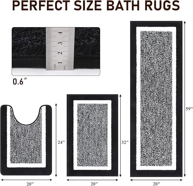 Pauwer Bathroom Rug Set - 3 Piece Shower Mats with U-Shaped Contour Toilet Mat, Absorbent Microfiber Plush Bath Mats, Non Slip, Machine Washable Shaggy Floor Mats