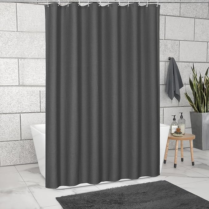 MitoVilla Grey Waffle Fabric Shower Curtain, Rustic Waffle Weave Textured Shower Curtains for Modern Luxury Bathroom Decor, Weighted Hotel Spa Shower Curtain, 72 x 72, Charcoal Grey