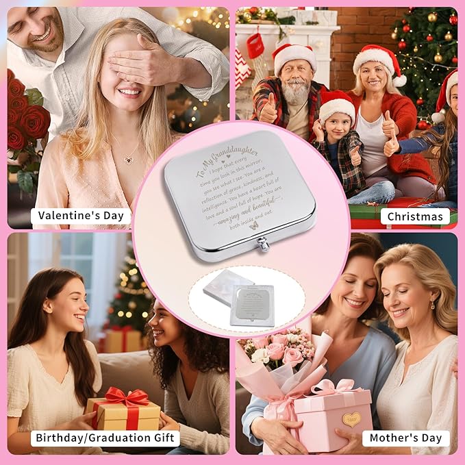 to My Granddaughter - You're Amazing and Beautiful - Pocket Mirror, Granddaughter Engraved Compact Mirror, Family First Mirror Encouragement Gifts from Grandparents Silvery