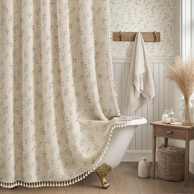 Blue Vintage Linen Shower Curtain, French Country Shower Curtains for Bathroom with Tassels, 72Wx72H