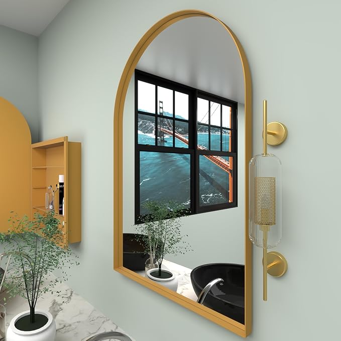 24" WX36 H Farmhouse Framed Medicine Cabinet with Mirror, Matte Gold Finish, Recessed or Surface Mount, Adjustable Shelves, Arched Cabinet Door, Arched Shape, Easy to Install, 24x36 Cabinet