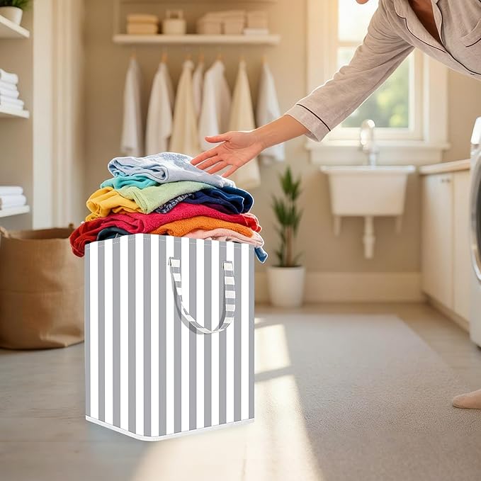 Large Laundry Basket ，75L Waterproof,Collapsible Laundry Hamper with Extended Handles for Clothes in the Family Dorm (Vertical Stripe Grey)