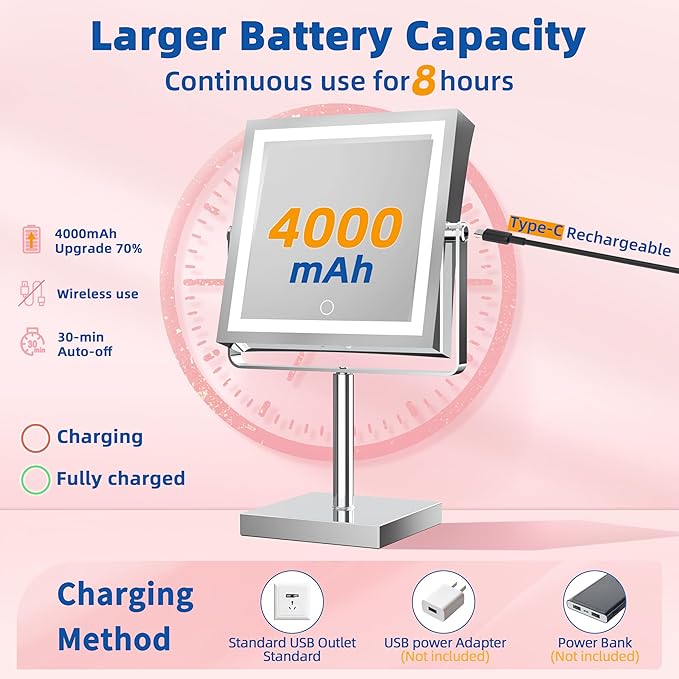 Ruacq Makeup Mirror with Lights, 4000mAh Rechargeable Magnifying Mirror with Light, 1X/10X, Height Adjustable Bathroom Vanity Mirror, 3 Colors, Adjustable Brightness (Chrome)