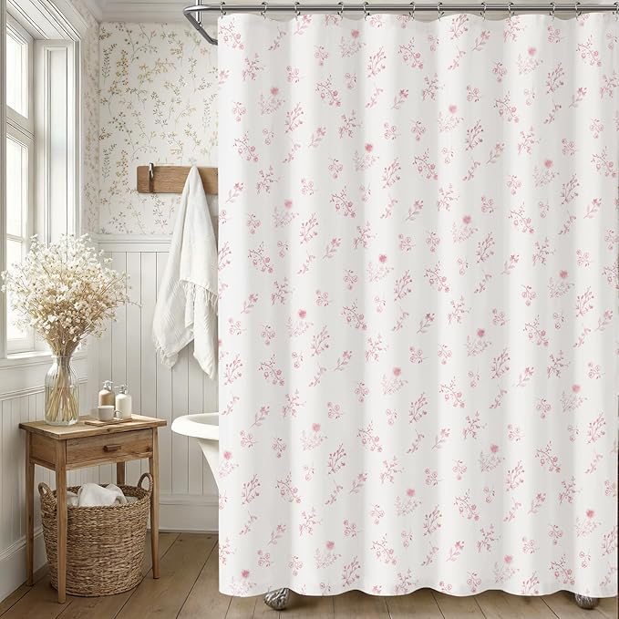 Pink Floral Farmhouse Vintage Cotton Shower Curtain, French Country Shower Curtains for Bathroom, 72Wx72H