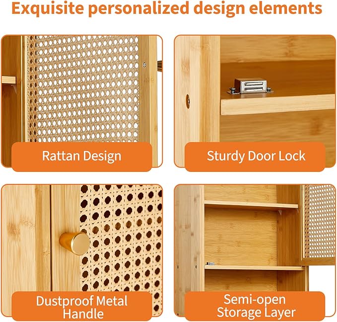 Bathroom Wall Cabinet, Bamboo Medicine Cabinet with Rattan Doors, Adjustable Shelf, Wall Mounted Storage Cabinet for Bathroom, Kitchen, Laundry Room Natural