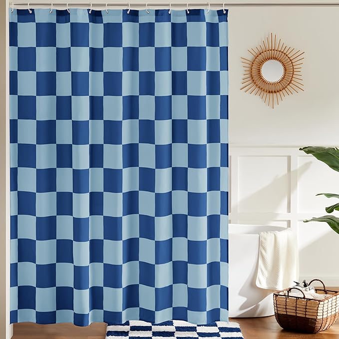 Checkered Shower Curtain, Shower Curtains for Bathroom, Cute Retro Checkboard Shower Curtain Vintage Aesthetic, Washable Fabric Bath Curtain (Double Blue, 72''x72''(183x183cm))