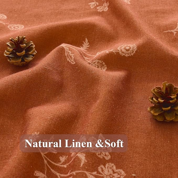 ORTIGIA Linen Shower Curtain Terracotta Farmhouse Vintage Floral Shower Curtains Burnt Orange Boho Rustic Curtains Block Print Cottagecore Decor for Bathroom 72 W x 72 L