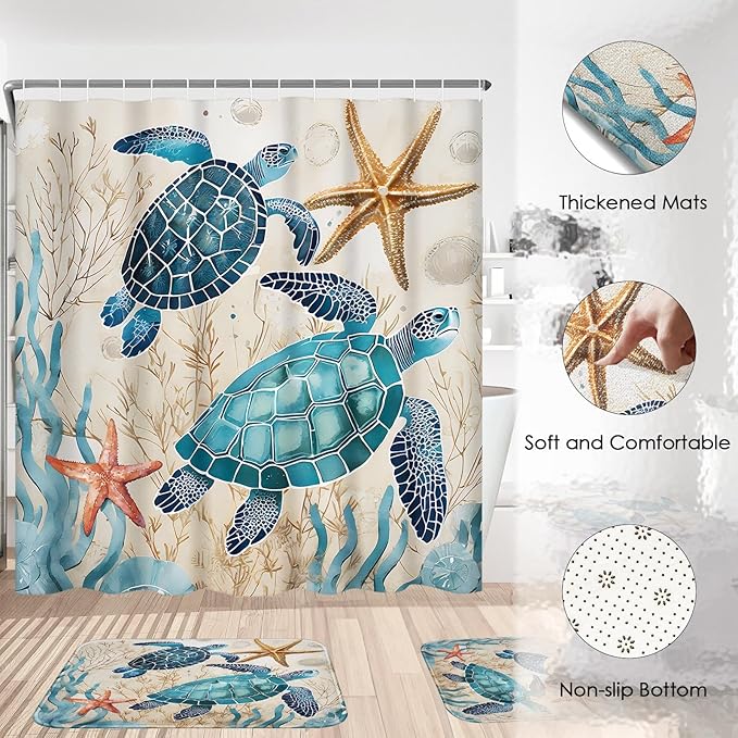 4 Piece Shower Curtain Set, Ocean Coral Sea Turtle Waterproof Bathroom Set Accessories with Non-Slip Rugs, Toilet Lid Cover Bath Mat and 12 Hooks, Blue Shell Animal Home Decor 72" x 72"