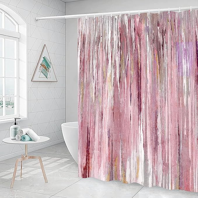 JAWO Abstract Shower Curtain, Modern Aesthetic Stripe Shower Curtain Set 70X75 Inches with 12 Hooks for Bathtub Bathroom Gray Pink Brown Contemporary Abstract Painting Fabric