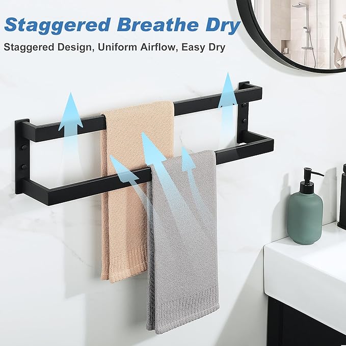 Alise Double Towel Bar, 24" Towel Racks for Bathroom Wall Mounted SUS304 Stainless Steel, Heavy Duty Bathroom Towel Holder, Quick Drying Towel Hanger, Matte Black
