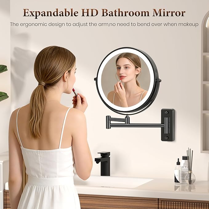 Magnifying Mirror with Lights 1X/20X, 9" Double Sided 5000mAh Rechargeable Wall Mounted Lighted Makeup Mirror, 3 Color LED Lights Dimmable, Wall Mount Mirror 17" arm for Bathroom, Black Brushed Nickel