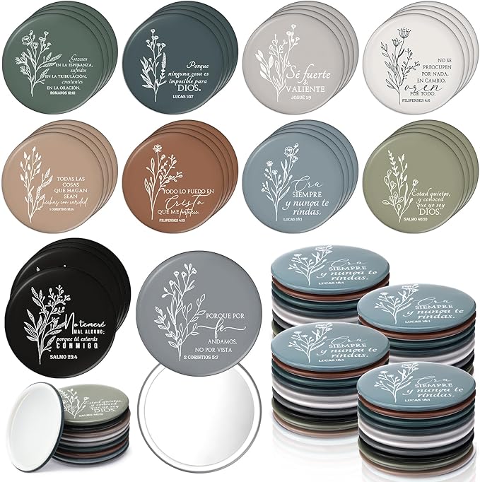 GlikCeil 80 Pcs Christian Compact Mirrors Bulk for Women Inspirational Bible Verse Pocket Mirror Mini Purse Makeup Mirror Christian Church Gift for Mother's Day Mom Church Party Favor (Spanish Bible)