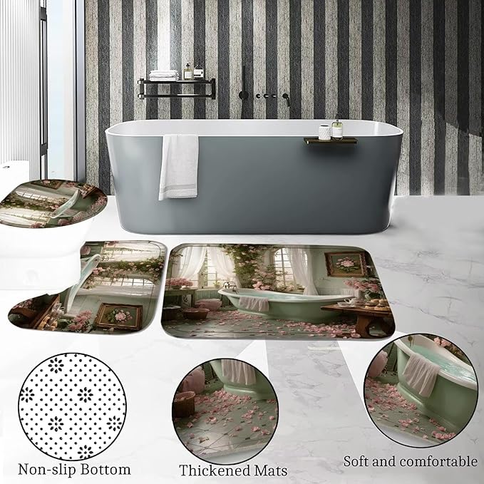 DDQQ 4Pcs Vintage Turquoise Bathtub Shower Curtain Set, Pink Roses Bathroom Sets with Shower Curtain and Rugs, Romantic Bathroom Decor Accessories Shower Curtains for Bathroom Toilet Lid Cover