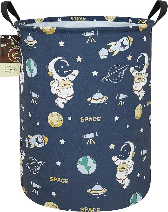 HUNRUNG Laundry Hamper,Large Canvas Fabric Lightweight Storage Basket Toy Organizer Dirty Clothes Collapsible Waterproof for College Dorms???Round-Blue Space Astronaut???