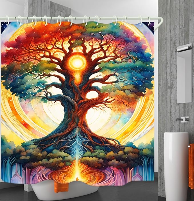 Shower Curtain, with The Theme of The Tree of Life and Bright Colors, Brings A Unique Artistic Atmosphere to The Bathroom. 59x72 Inch Fabric Shower Curtain Comes with 12 Hooks.