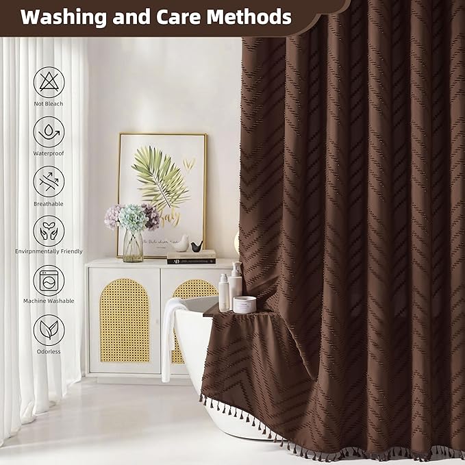 Extra Long Boho Shower Curtain, Woven Fabric 84 in Brown Shower Curtain, 72 x 84, Tufted Chevron Striped Modern Chic Textured Minimalist Bathroom