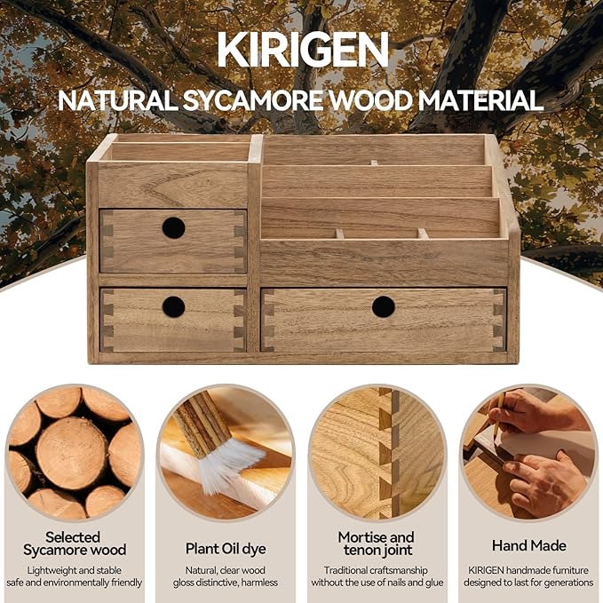 KIRIGEN Wood Makeup Organizer Storage Cabinet Tabletop Cosmetic Organizer Jewelry Storage Box 8 Compartment Makeup Display Case with 3 Drawers Brown(HZG-DBR)