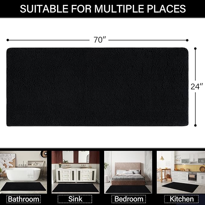 LOCHAS Luxury Bathroom Rug Shaggy Bath Mat 24 x 70 Inch, Washable Non Slip Bath Rugs for Bathroom Shower, Soft Plush Chenille Absorbent Carpets Mats, Black